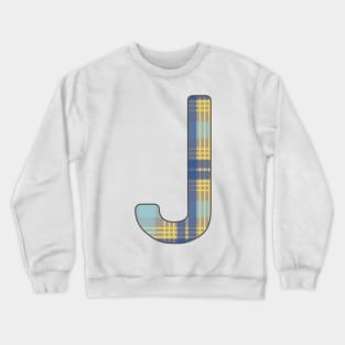 Monogram Letter J, Blue, Yellow and Grey Scottish Tartan Style Typography Design Crewneck Sweatshirt